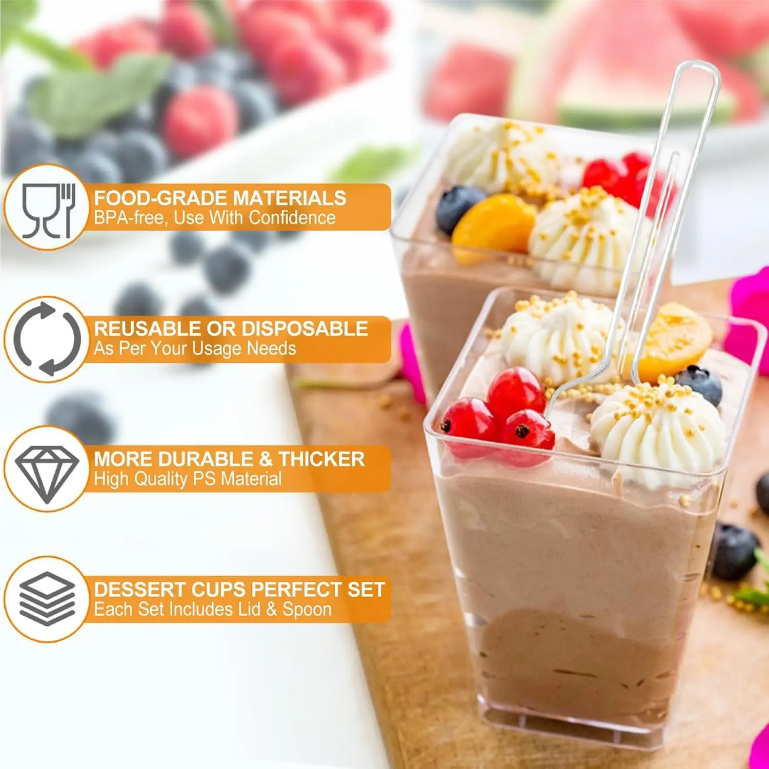 5 Ounce Square Transparent Plastic Dessert Cups with Lids and Spoons, Disposable Yogurt Pudding Cups, Party Use, Ice Cream Fruit Cups, 30/50 Pack