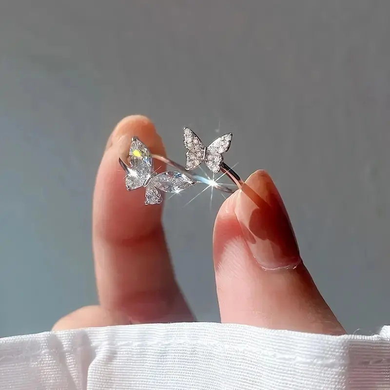 Marquise Butterfly Fantasy Ring for Women, Silver-Plated Alloy with Inlaid Cubic Zirconia, Adjustable Size Open Cuff Design, Romantic Gift for Parties, Marquise Rings, Fantasy Rings