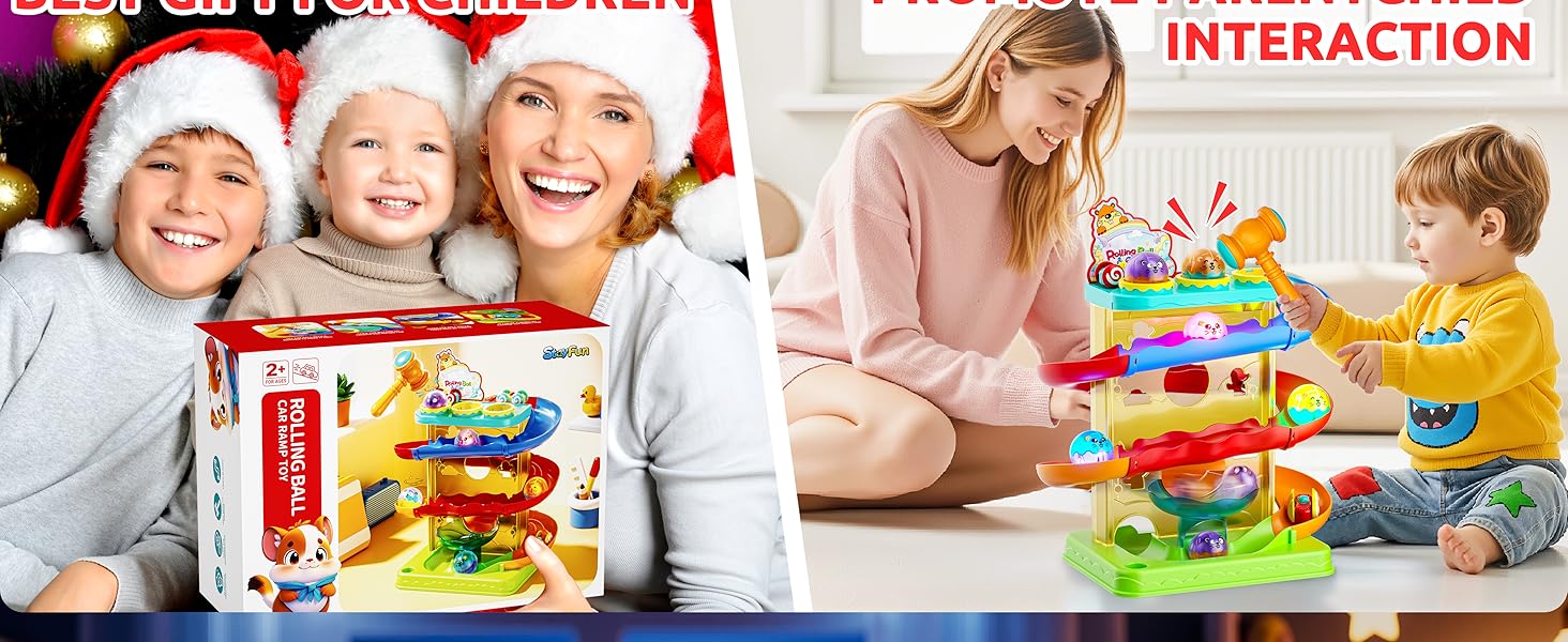 2-in-1 Rolling Ball & Car Ramp Race Track for Toddlers, Hammer Ball Drop Toy for Boys & Girls, Interactive Toys w/Sensor Lights - Montessori STEM Learning Toys - Brithday Gift for Kids 1-5+ Year Old