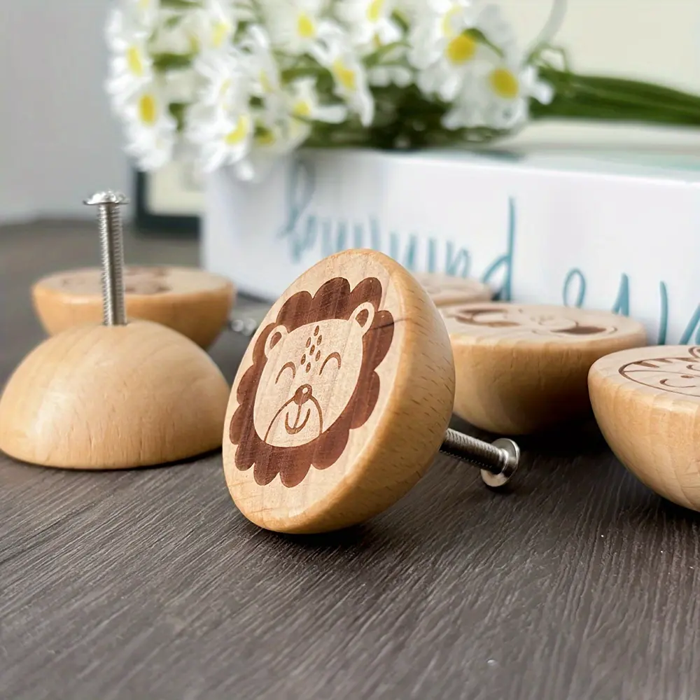 6pcs Beech Wood Drawer Knobs Set Pack - Handmade, Unique Grain, Animal Engraving, Single-Hole Bowl-Shape Furniture Pulls with Screws for Drawers, Cabinets (Home Decor Supplies)
