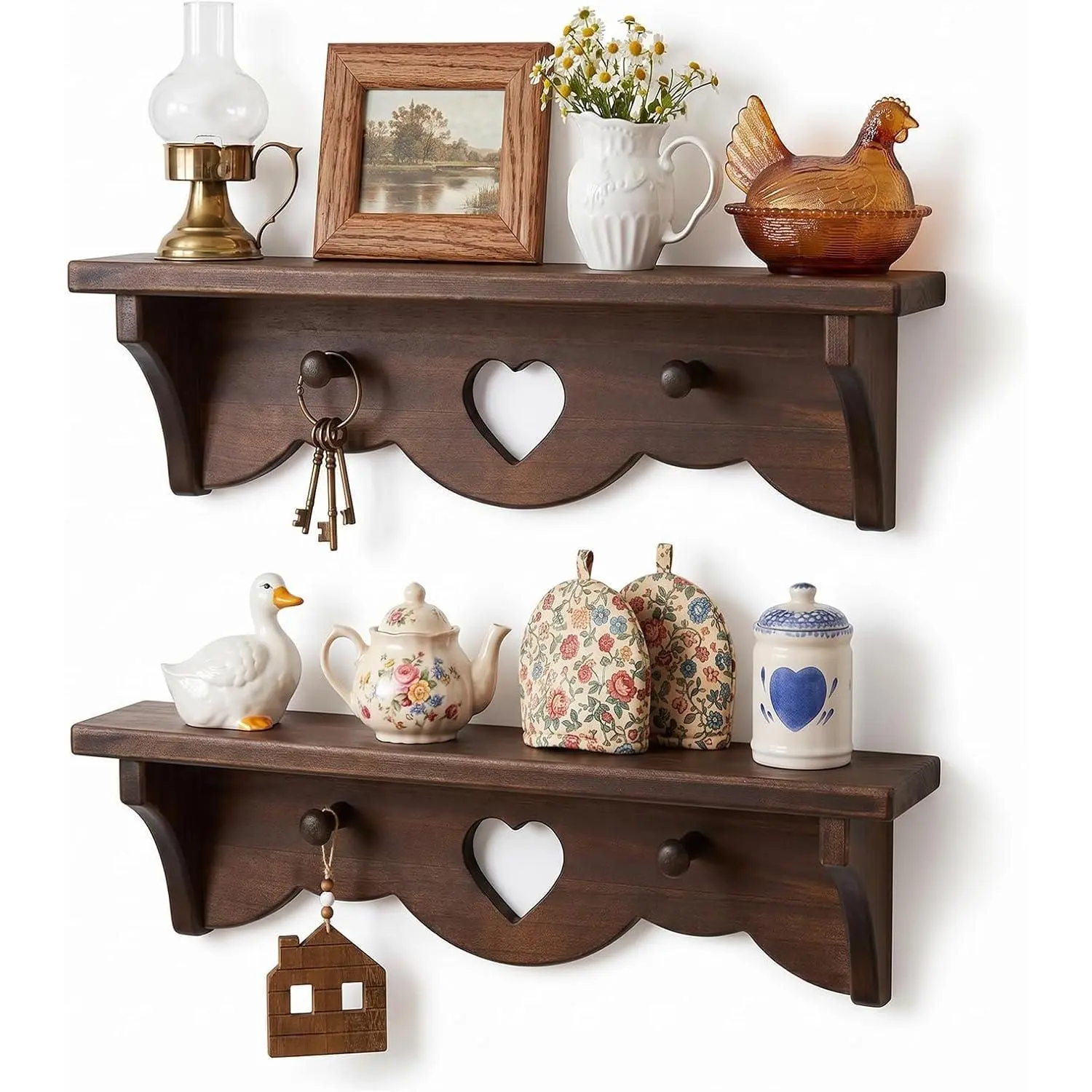 80s Vintage Heart Shelf Set of 2, Pine Wooden Heart Shelves with Pegs, Rustic Walnut cottagecore Decor Vintage wall Shelf for Living Room Bedroom, No Assembly Needed, 15.75 Inch