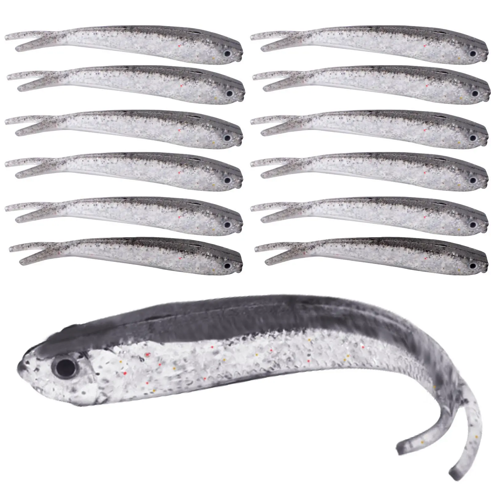 30 Pieces Plastic Soft Fishing Lures Silver Lifelike Forked Tail Minnow Crappie Fishing Swim Baits Tackle Lure for Saltwater Freshwater Bass Walleye Trout Chub Rockfish
