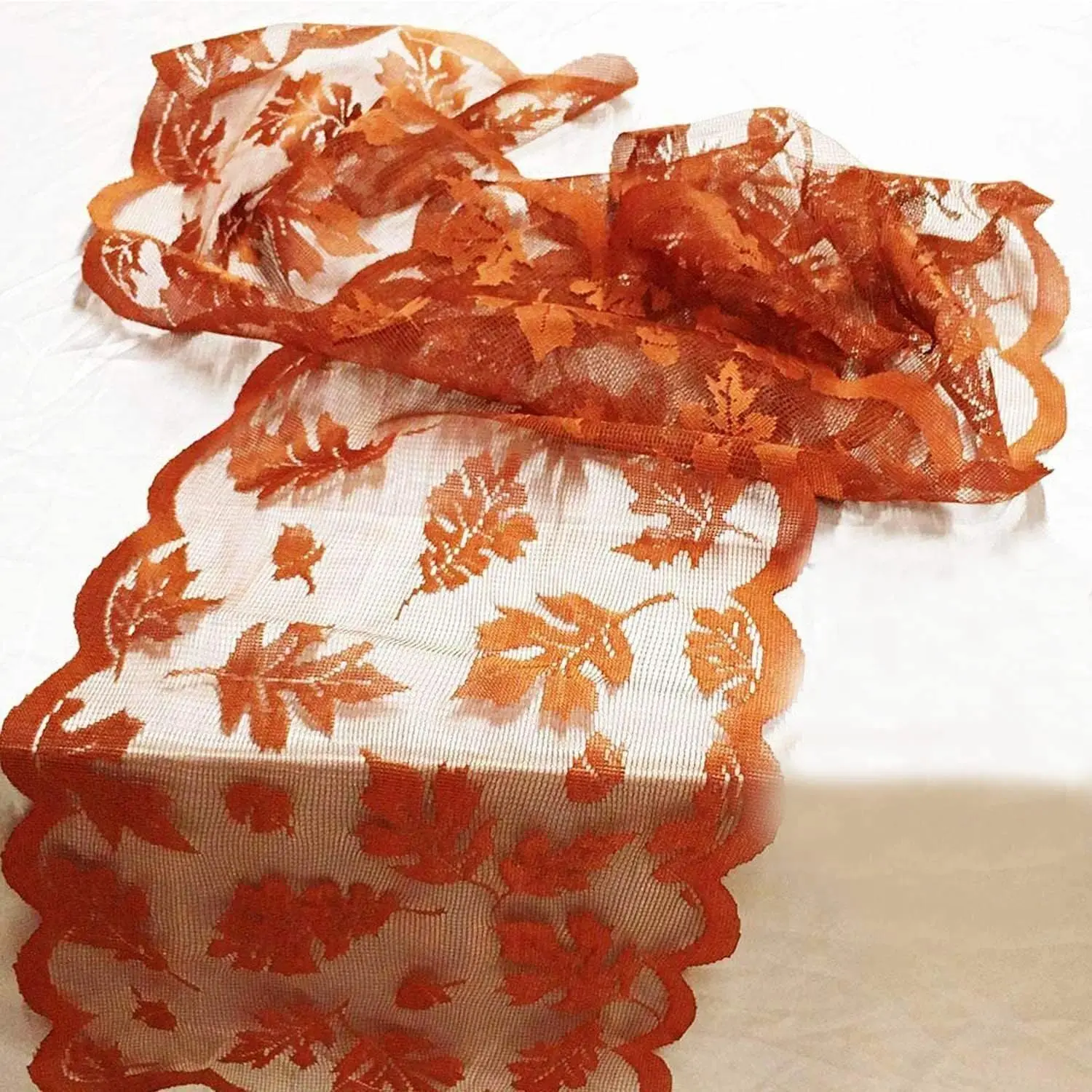 13x72 in Rectangle Maple Leaves Lace Fabric Table Runner, Brown Table Decoration for Fall Harvest, Cozy Thanksgiving Accent for Kitchen Dining Room Indoor Recreation Decor, Decoration For Table
