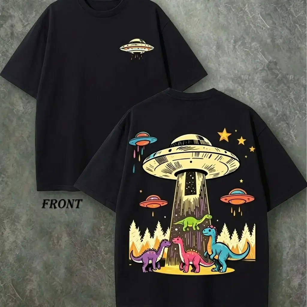 UFO Abducting Dinosaurs Front Back Double Print T-Shirt, Black Oversized Cotton Crewneck Tee, Alien Spaceship Dinosaur Forest Star Outer Space Funny Meme Streetwear Gift Top