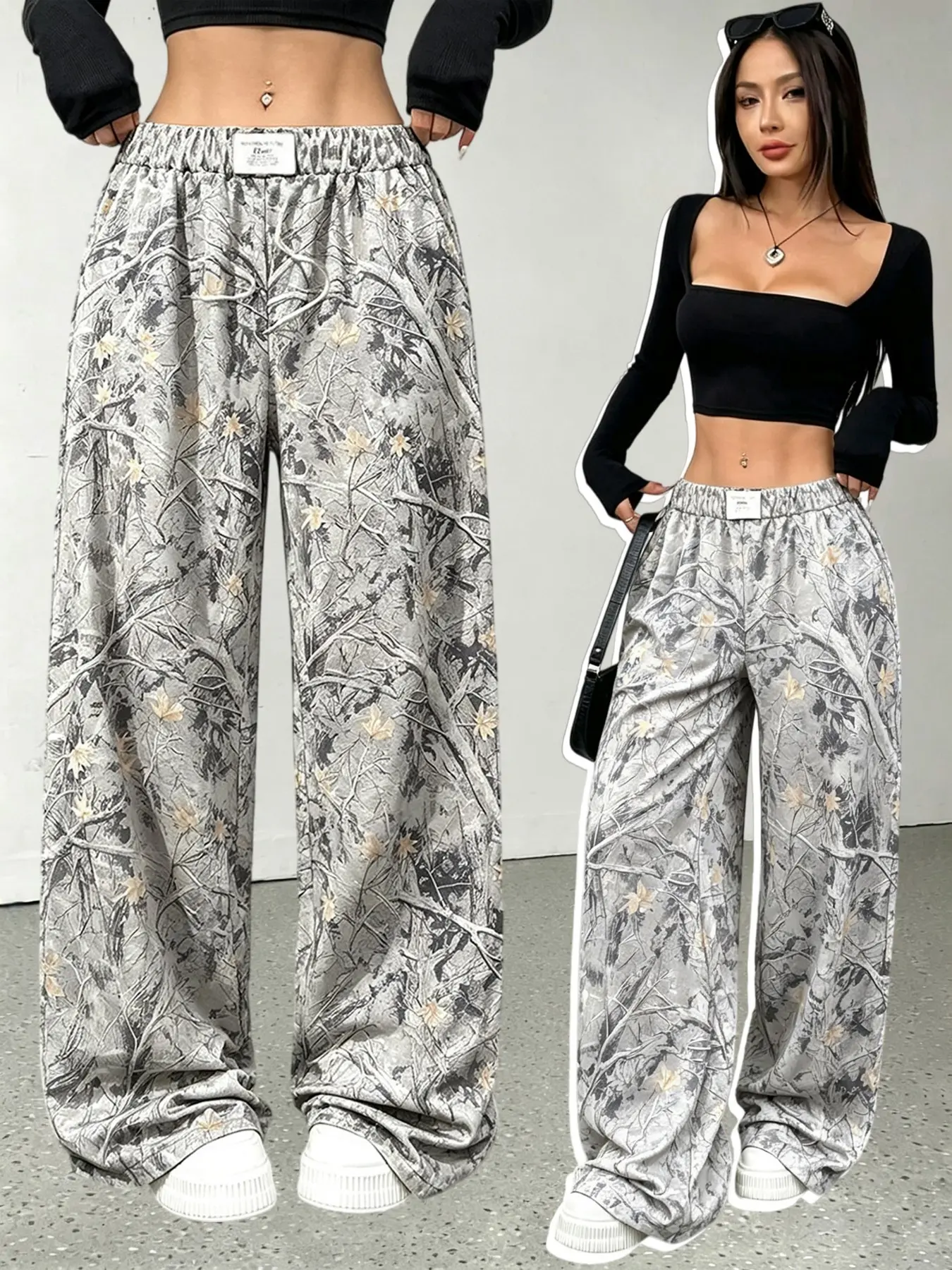High Street Camo Wide Leg Pants for Women, Y2K Lazy Style, Elastic Waist, All Seasons, Letter Waist Label, Casual Long Trousers, Camouflage