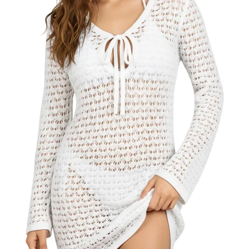 Women's Bust Detailed Long Sleeve Cover Up | Beach Kimono | Crochet Trim | Swimwear Layer