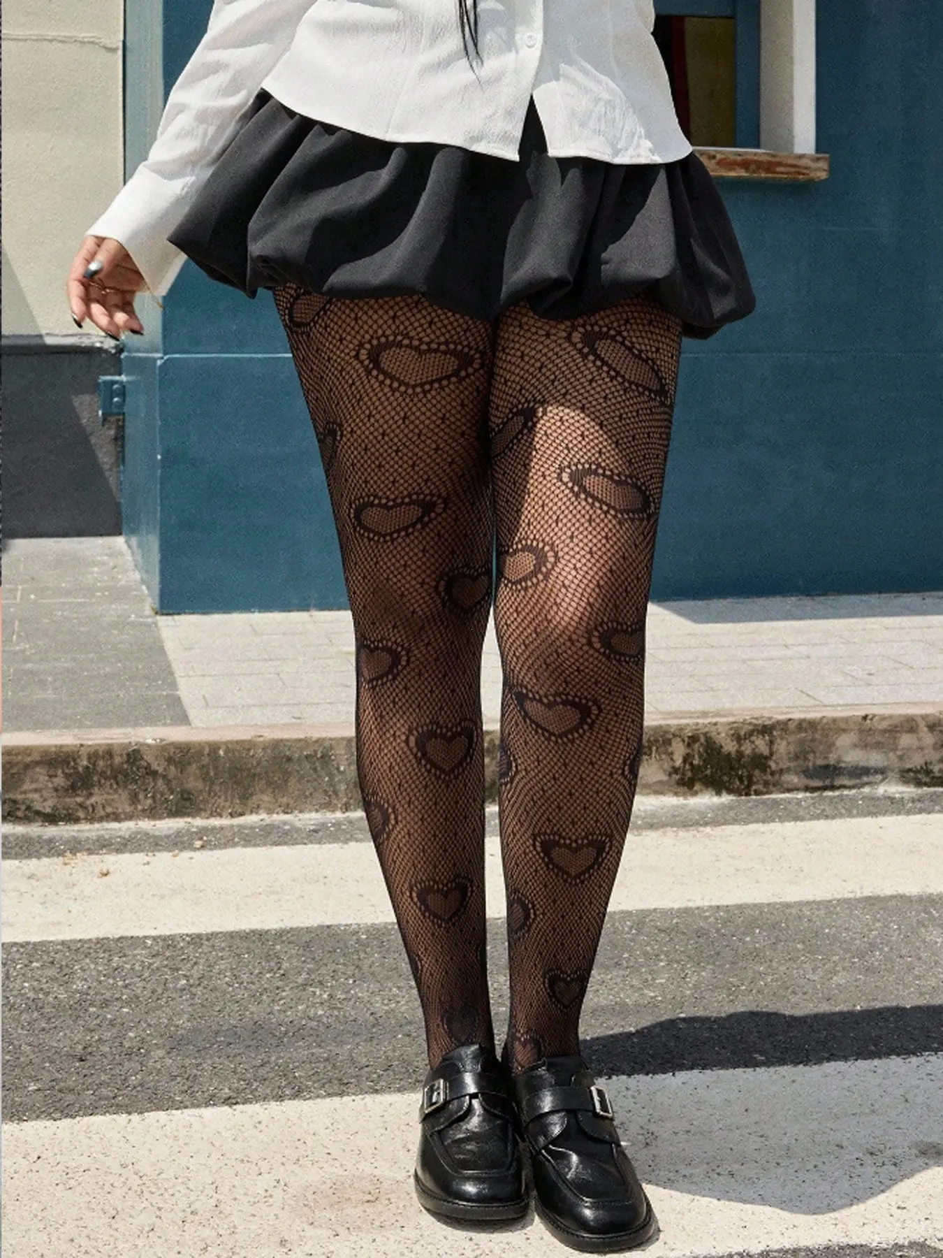 Heart Pattern Transparent Stockings Tights, Thin High Waist Slim-Fit, Gothic Lace Mesh, Full-Length Jk Style, Party Wear
