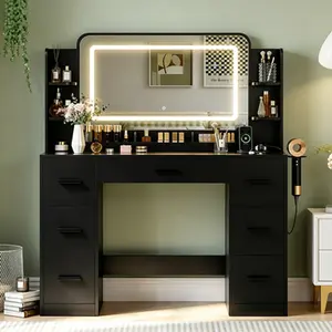 Makeup Dressing Table with LED Mirror, 3 Light Colors, USB & Outlet, 7 Drawers for Daily