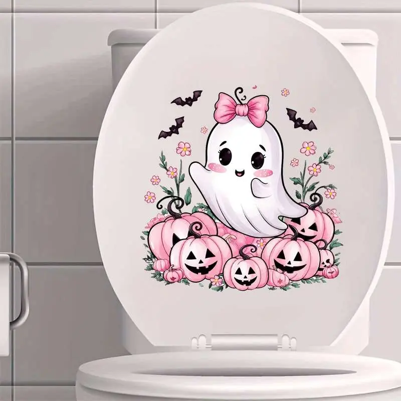 Cute Pumpkin Ghost Bow Halloween Toilet Lid Sticker, Self-Adhesive Bathroom Decor, Ceramic Toilet Cover, Home Decoration