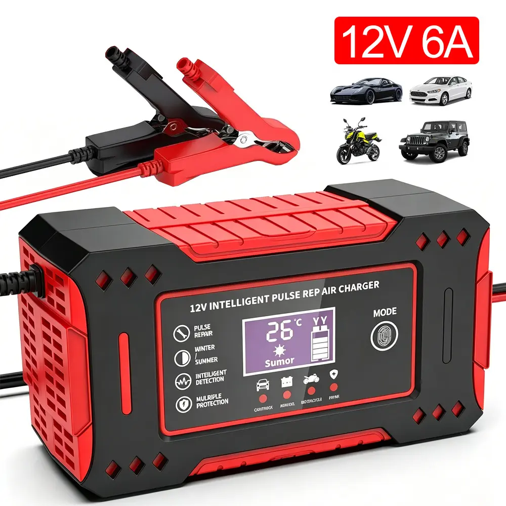 12V 6A Smart Car Battery Charger, Agm/Gel/Lead-Acid Pulse Repair Charger with LCD Display for Auto & Motorcycle, Without Battery