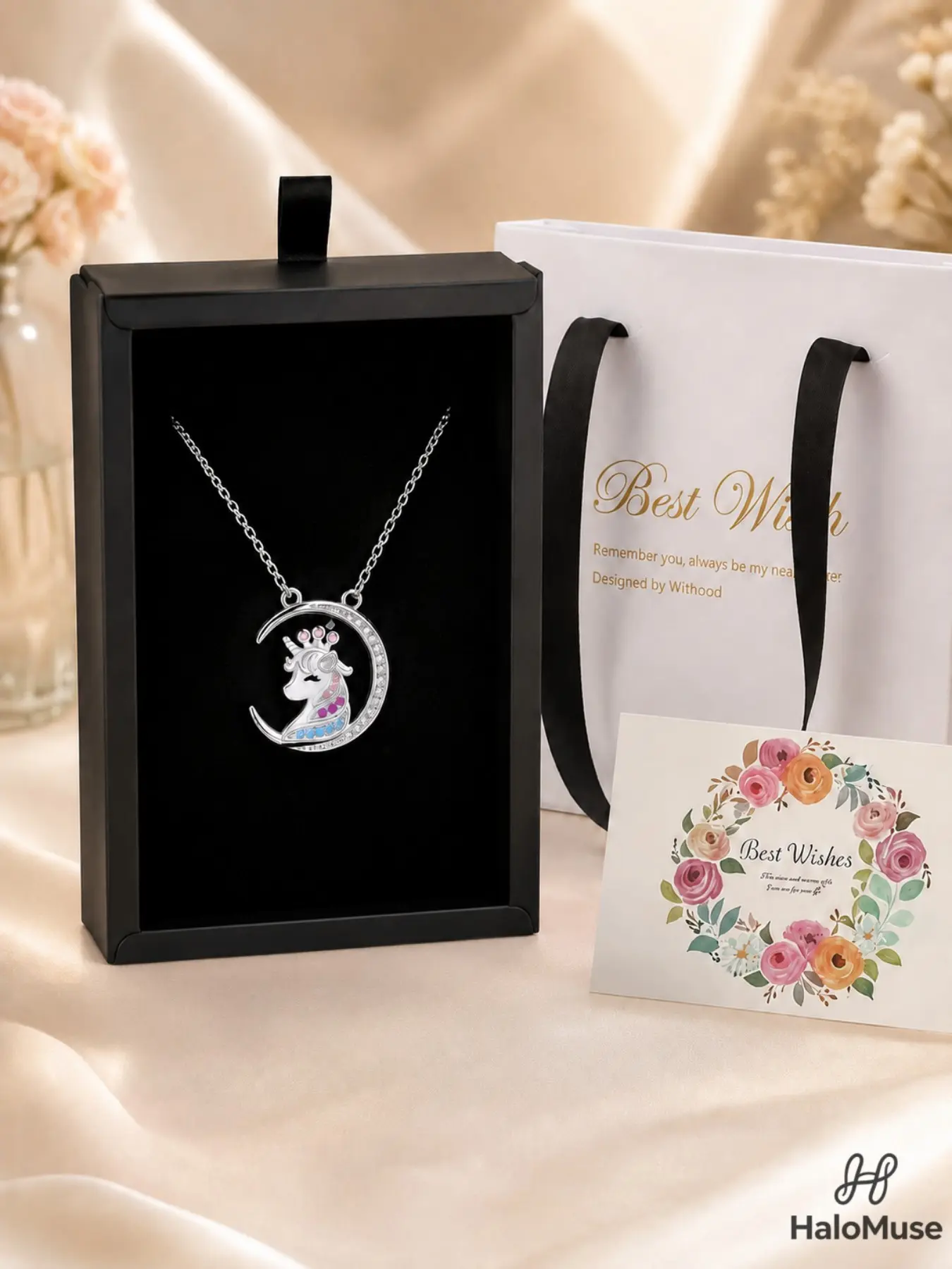 Halo Muse 1 Set Moon Unicorn Colorful Diamond Necklace Drawer Gift Box Set, Dreamy Girly Vibe, Rhinestone Crescent Unicorn Pendant with Card, Birthday Gift for Daughter & BFF, Versatile Dainty Clavicle Chain