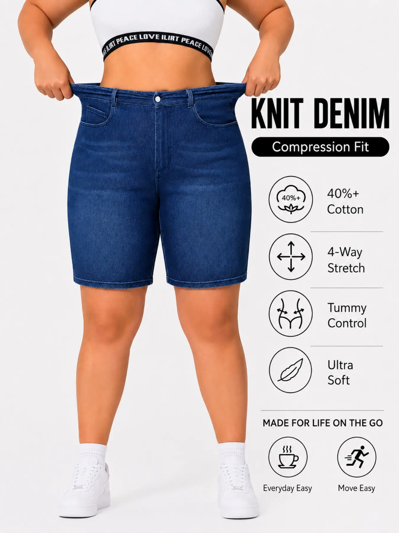 Plus Size High Waist Belly Button Denim Shorts Fit! Four-Way Stretch + Butt Lift Design, Everyday Casual Plus Size Women's Clothing, Curvy Jeans Bottom, Casual Fashionable Shorts