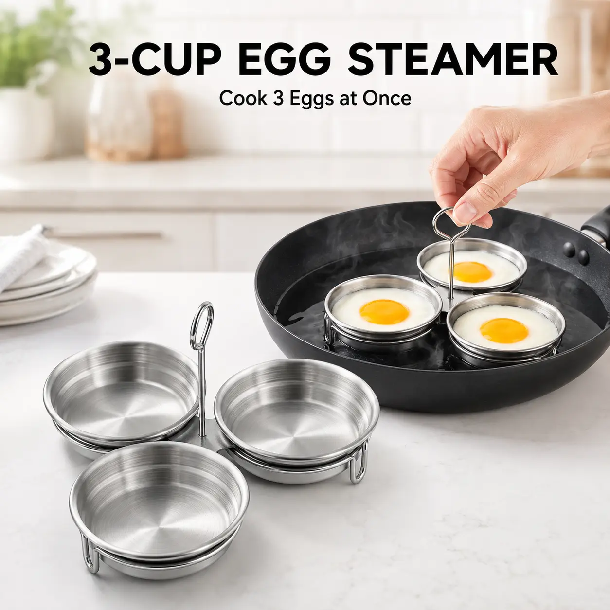 1 Count Stainless Steel Egg Poacher, 3 Cavity Steaming Egg Mold with Handle for Home Kitchen Steamed Egg and Dessert Making-YY1