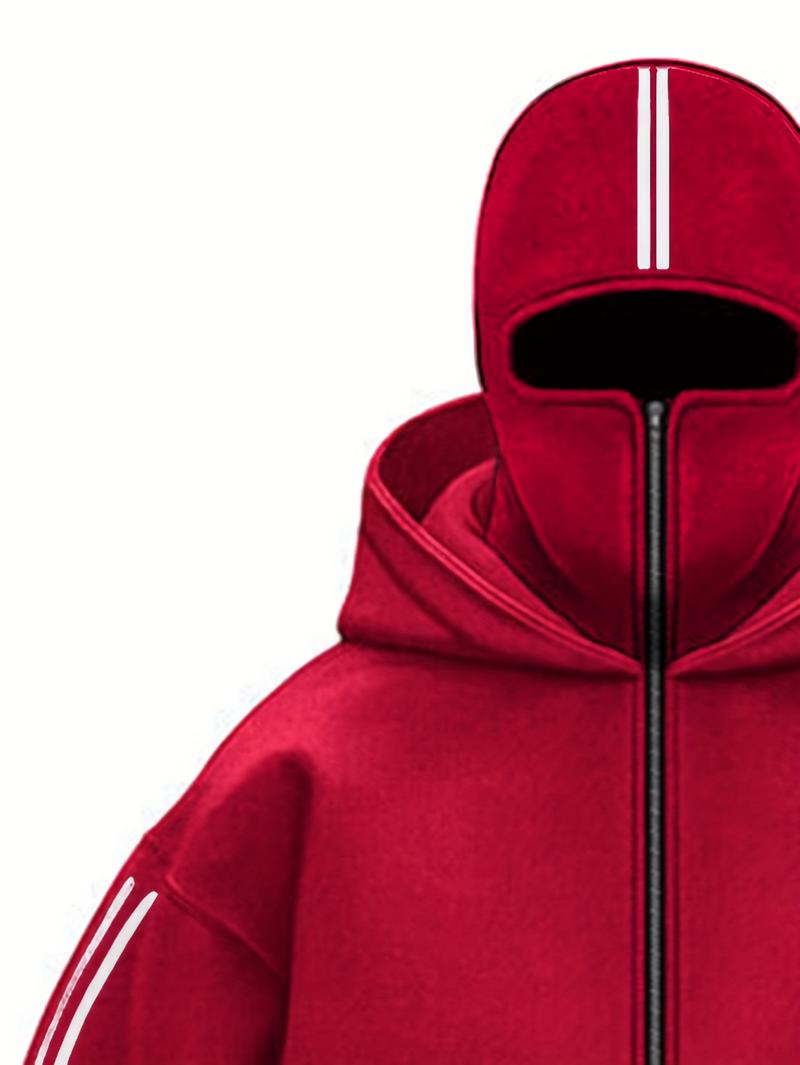 1pc TNZI men's full zipper windproof mask hoodie long-sleeved jacket versatile and fashionable urban style, with zippers and pockets - warm, windproof and durable, suitable for daily or outdoor autumn/winter wear
