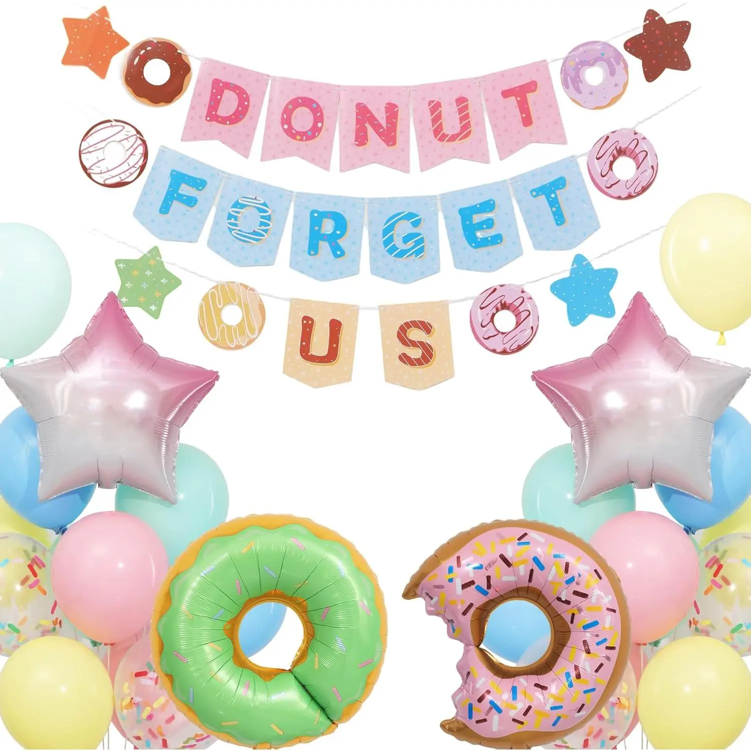 Colorful Donut Farewell Party Decoration Kit - 6.6ft Banner, 10 inches Balloons, Inflatable 2x 27" Donut Foil Balloons for Coworker Leaving Events (Retirement, Career Change)
