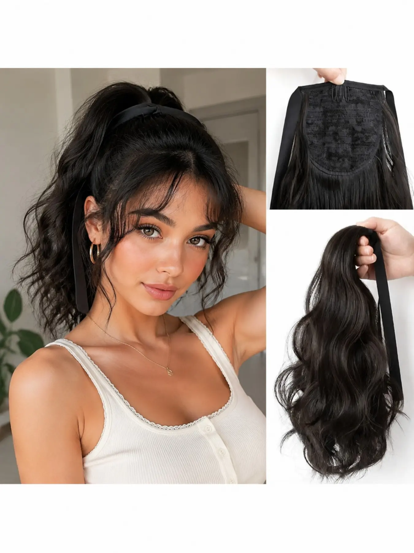Synthetic Short Curly Ponytail Around Clip in Ponytail Black Brown Hairpiece Synthetic Hair Pieces for Women