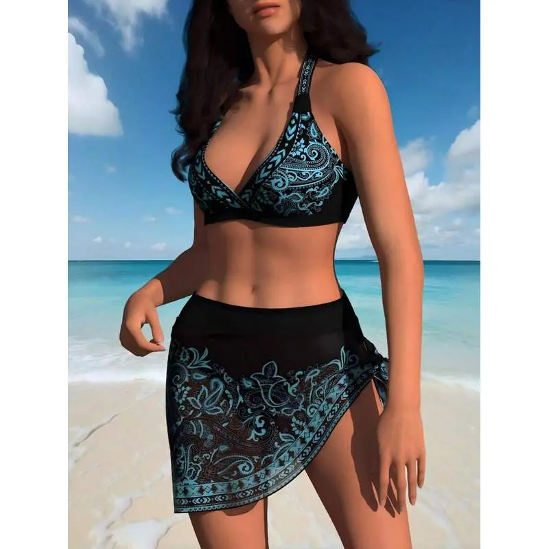 Women's Teal Leopard Print 3-Pieces Beach Wear Set - Halter Triangle Top, Wrap Cover-Up, Short-Length Matching Sarong Skirt Bikini