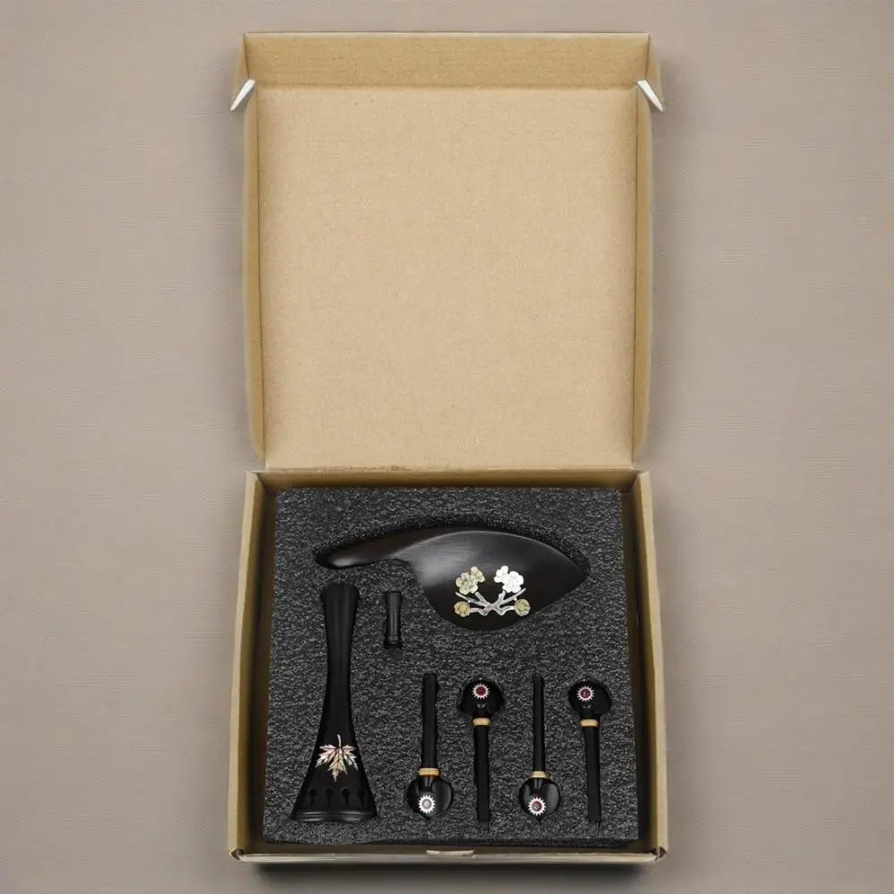 Violin Ebony Color Printed 4-Piece Fitting Set, Tailpiece, Tuning Pegs, Endpin & Chin Rest for 4/4-3/4 Violin,