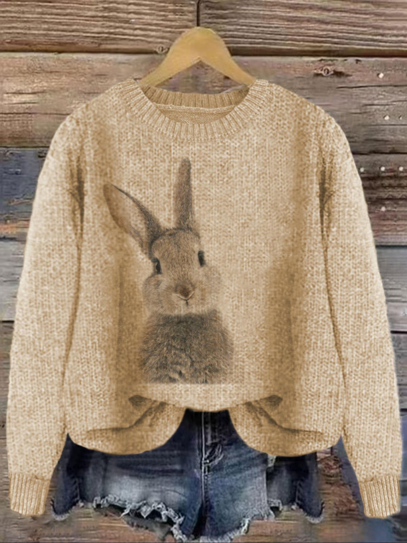 Women's Rabbit Print Drop Shoulder Crew Neck Sweater, Casual Chic Long Sleeve Round Neck Jumper for Fall & Winter, Fashion Ladies' Knitwear for Daily Wear, Women's Clothing, Sweaters for Women, Cute Tops, Knit Pullover Tops