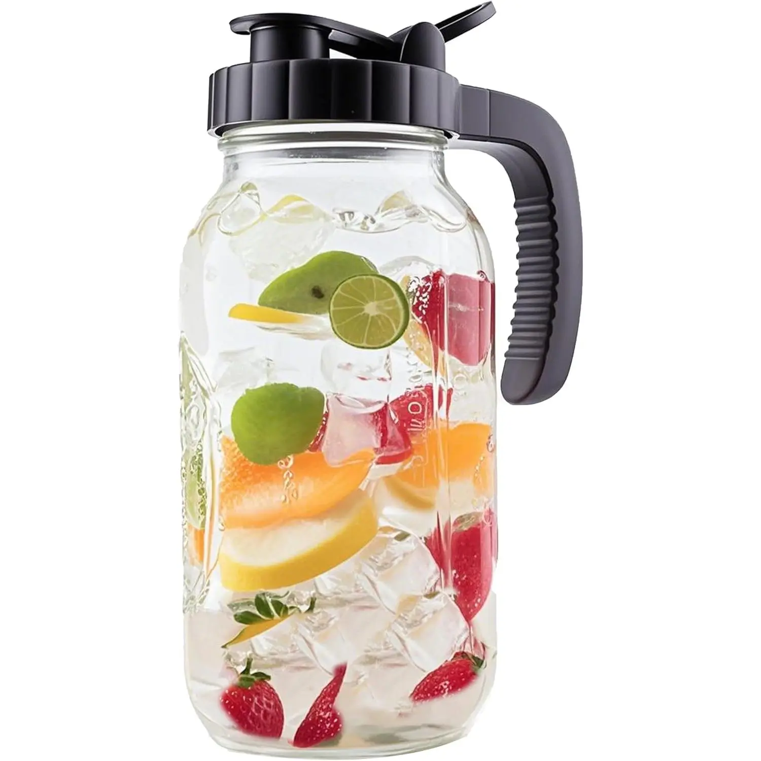 Glass Mason Jar Pitcher With Lid 2 Quart Sun  Glass Pitcher 64 Oz Wide Mouth Half Gallon Hot Cold Water Coffee Jug Carafe For Fridge Lemonade, Beverage,Milk,Juice, Cold Brew  Container