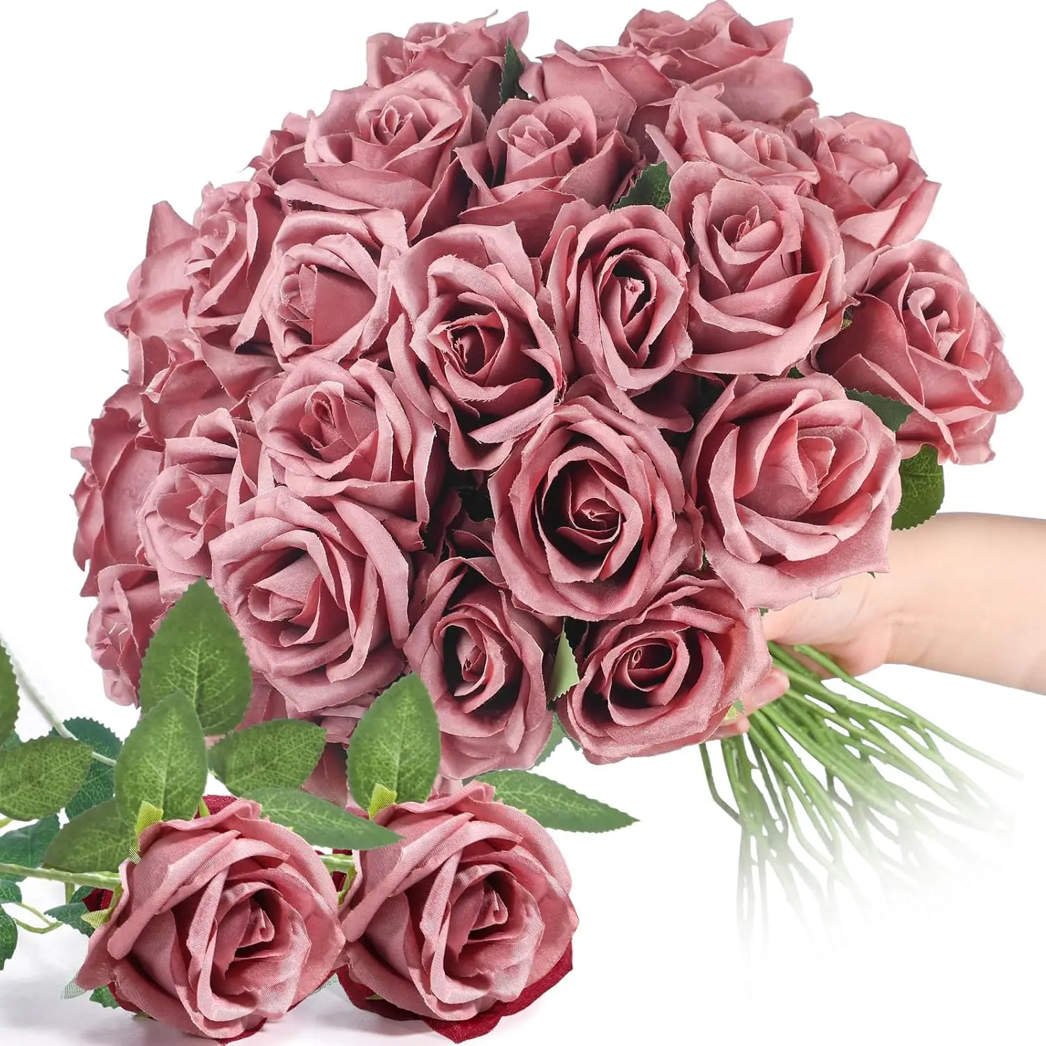 12/24/48 Pcs Rose Artificial Flowers in Bulk Lifelike Long Stem Velvet  Roses Bouquets Realistic Faux Flowers for Wedding Bridal Shower Home Decor Floral Arrangements Table Centerpiece(Dusty)