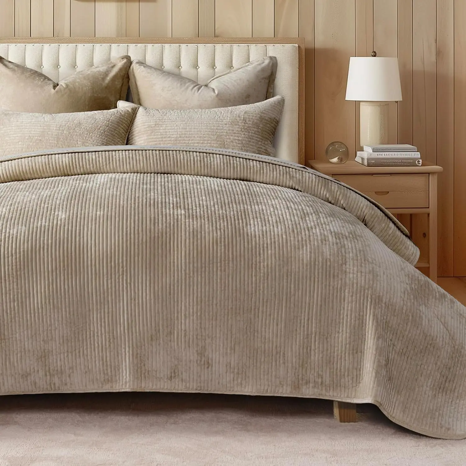 Luxury Rectangular Striped Channel Velvet Quilt Set - King Size, Urban Taupe, Machine Washable, Soft Lightweight Comforter, Oversized Bedspread Coverlet, All-Season Bedding Set with 2 Shams (Enhances Softness), Soft Bedding Sets