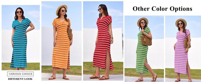 Imily Bela Womens Striped Summer Dresses Short Sleeve V Neck Knit Collared Sexy Slit Loose Maxi Sweater Dress
