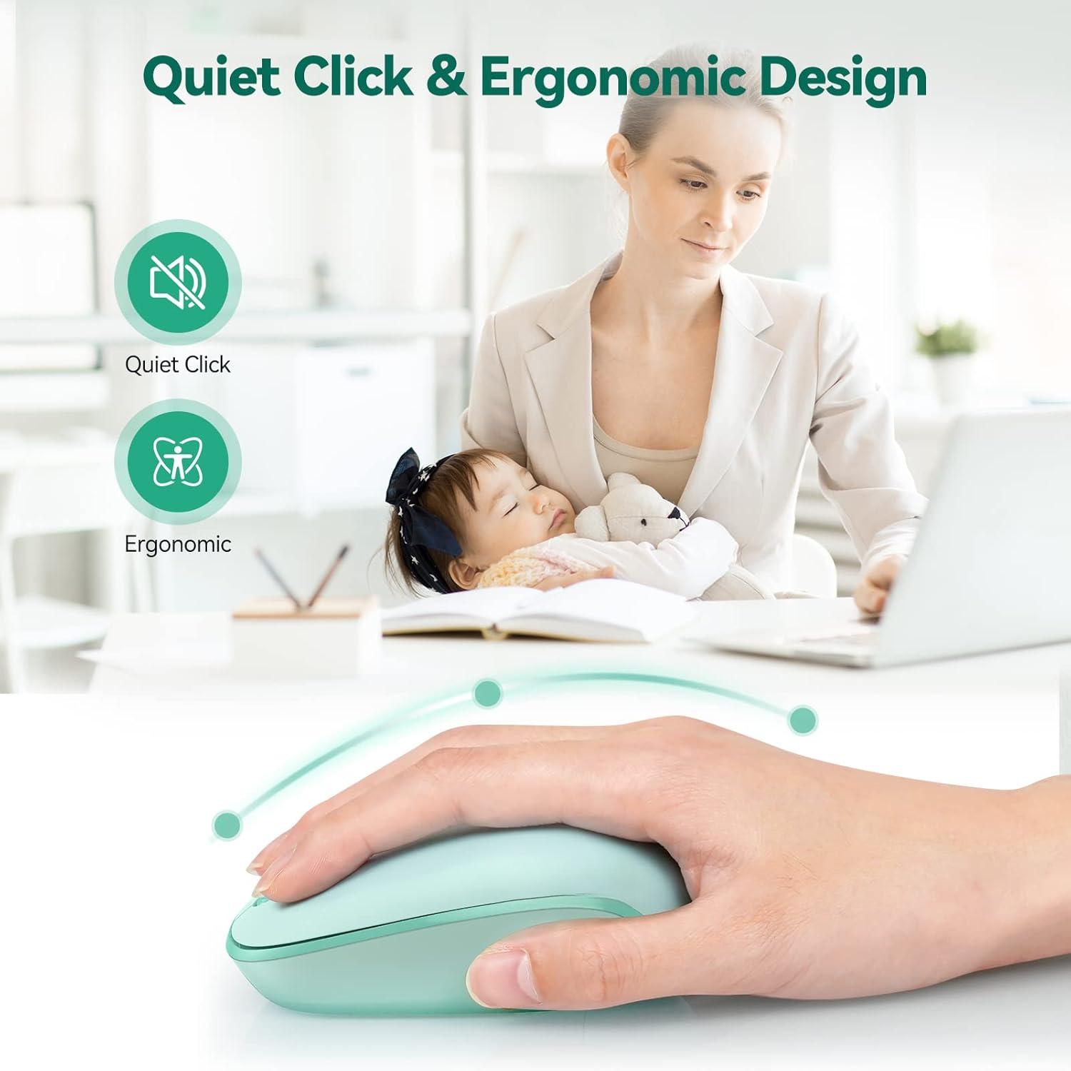 for Laptop, 2.4G Quiet Computer  with USB Receiver, 4 Buttons Portable Cordless Mice for Chromebook, Laptop, PC, , 800/1200/1600 DPI - Mint Green