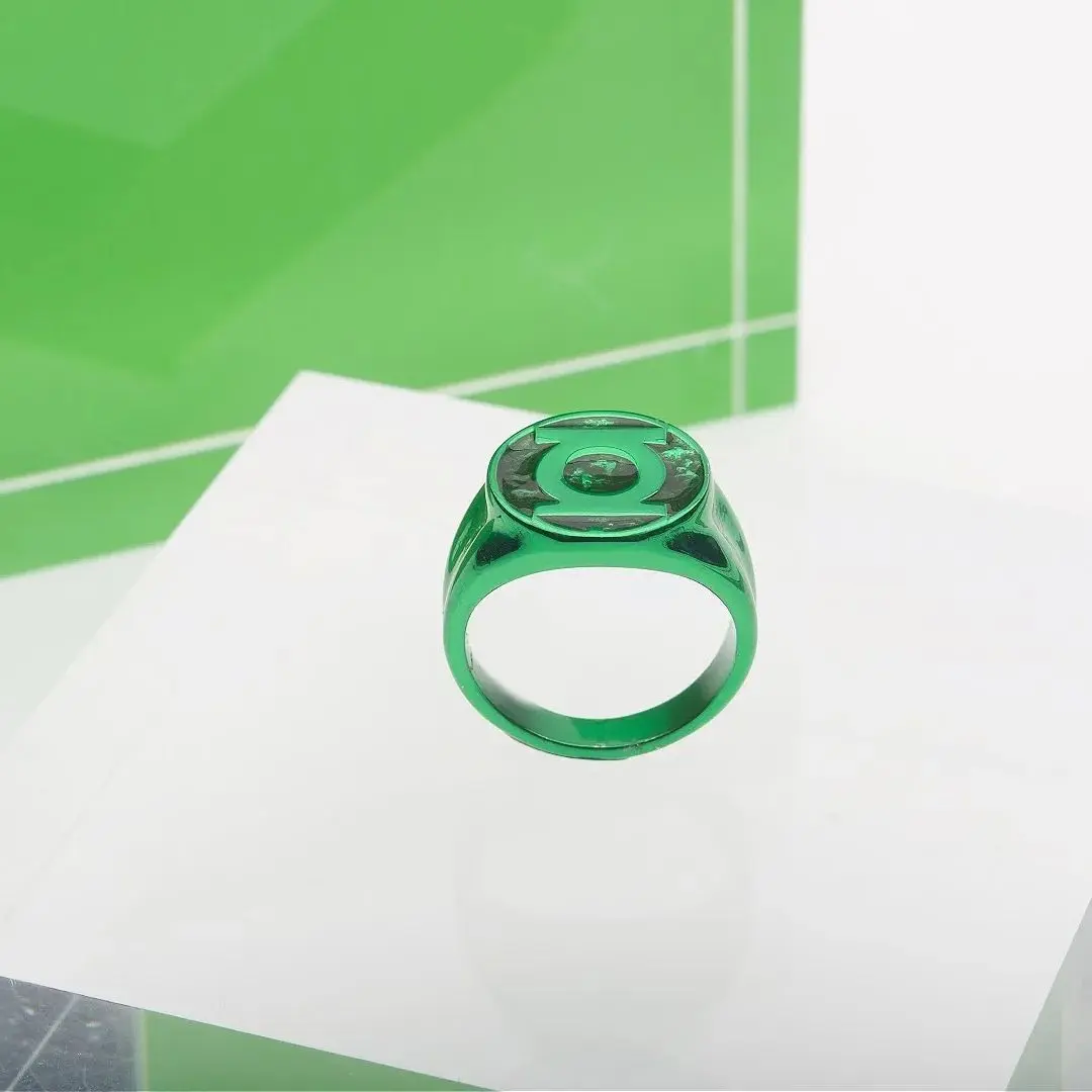 Catuni Green Fashion Lantern Logo Ring for Men - Movie Theme Male Ring, Round Band Sizes 8-10, Party Wear & All Seasons Accessory, Gift Jewelry for Fans