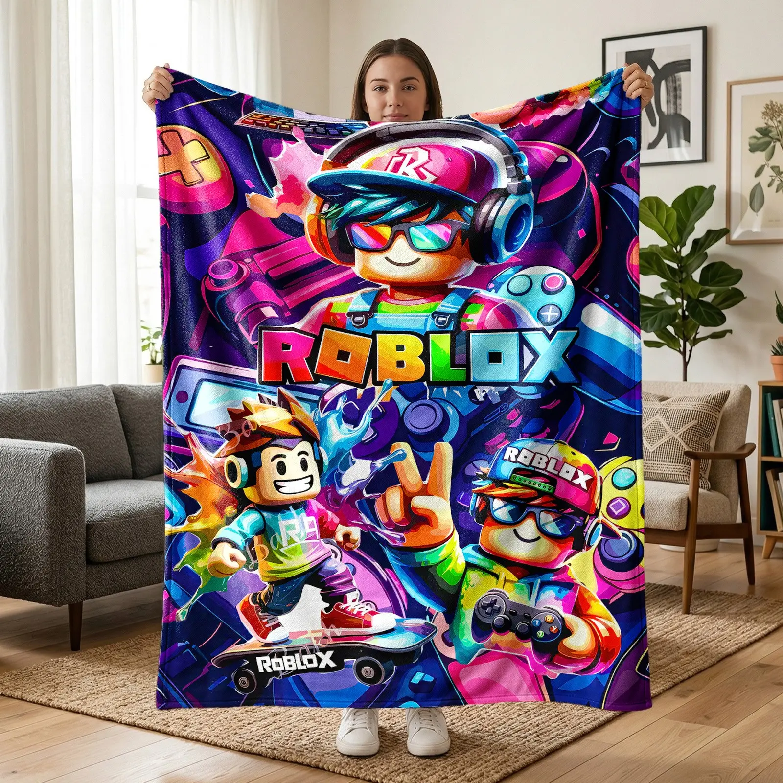 1pc Roblox Game Character Themed Fleece Blanket, Block Characters, Game Controllers, Skateboard, Headphones & Neon Letters All-Over Print, Cyber Street Gaming Style. Soft Multi-use Throw for Sofa, Bed, Office, Camping, Perfect Christmas Gift.
