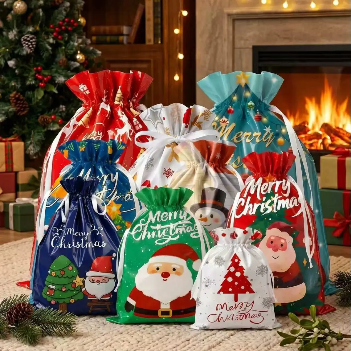 Christmas Gift Bags, Reusable Drawstring Pouches, 15/18/27/30 Count, Various Patterns, Ideal for Christmas Parties, Candy Storage, Bulk Gift Bags, Candy Bags for Party Favors