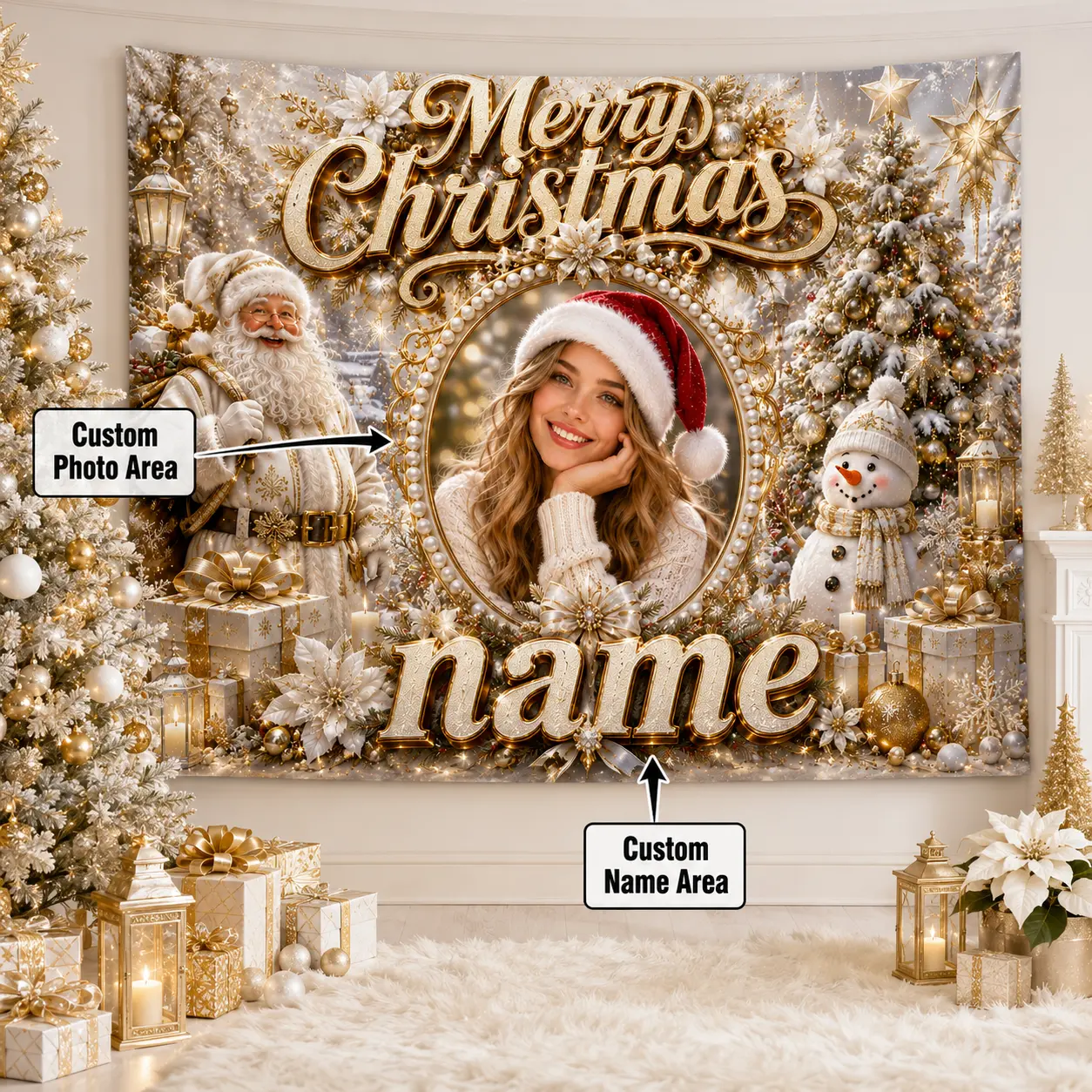 Personalized White Gold Christmas Backdrop with Photo and Name, Santa, Snowman, Tree, Poinsettias and Gifts