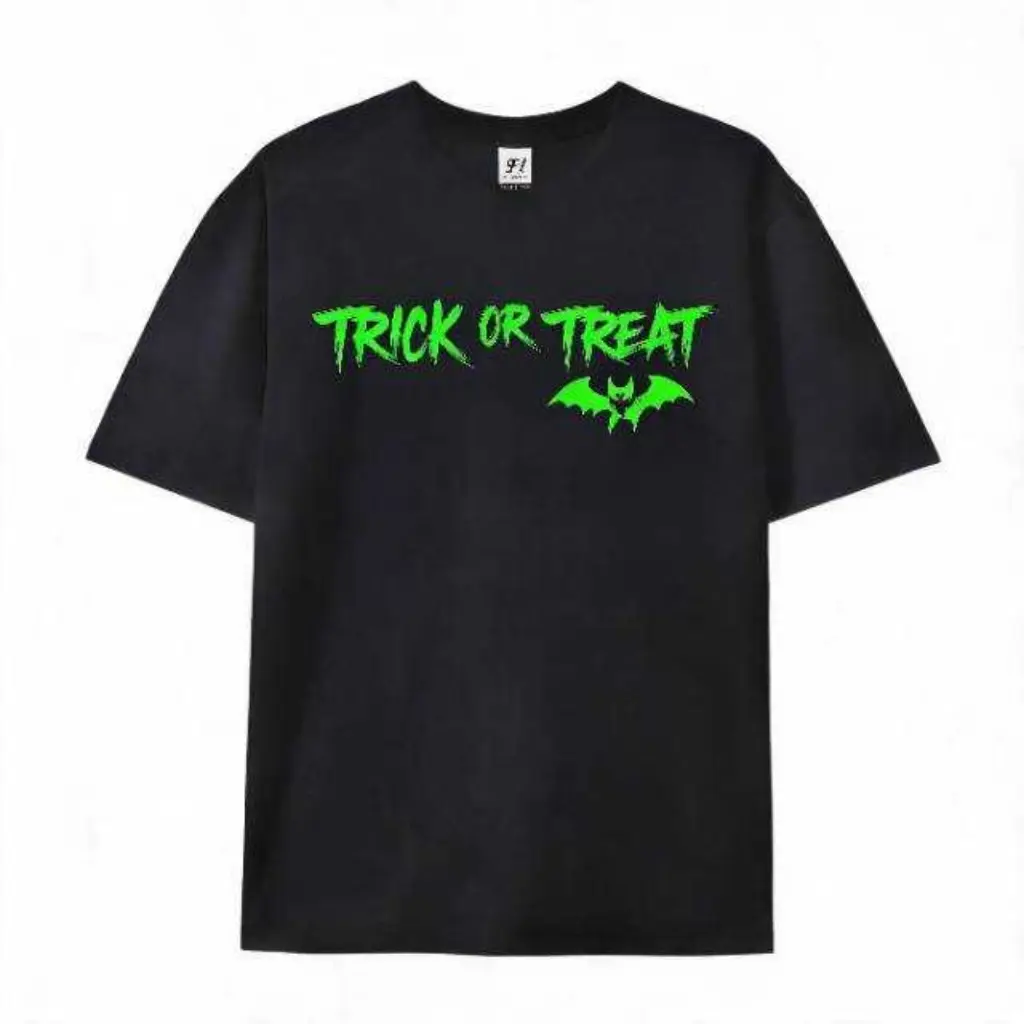 Men's Soft Comfortable Oversized Short-Sleeve Cotton Top, Trick Or Treat Neon Green Bat Graphic T-Shirt, Halloween Horror Party Outfit, Ideal Gift For Lovers