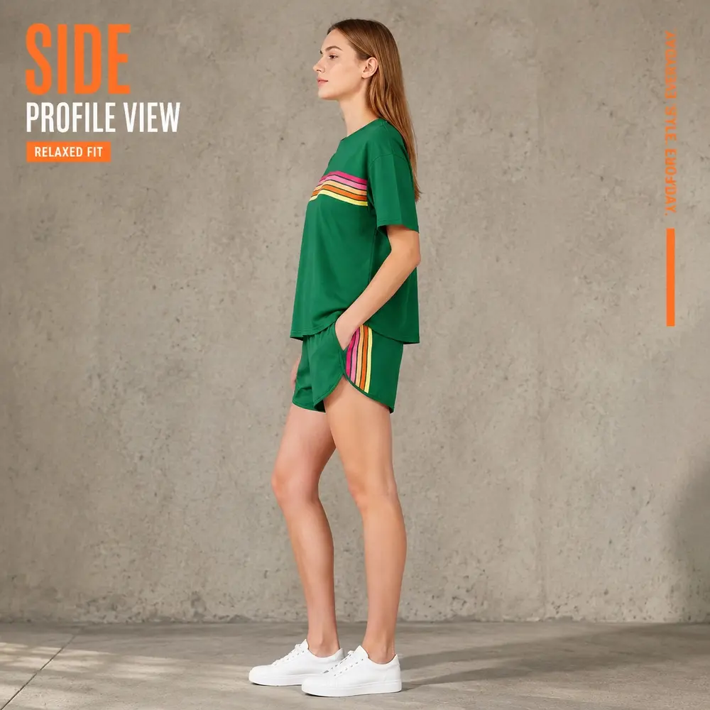 Women 2 Piece Lounge Wear Set Short Sleeve Crewneck Tee Shirt with Elastic Waist Shorts Retro Rainbow Striped Casual Sleepover Matching Outfit Relaxed Fit for Home Daily Streetwear Vacation Spring Summer