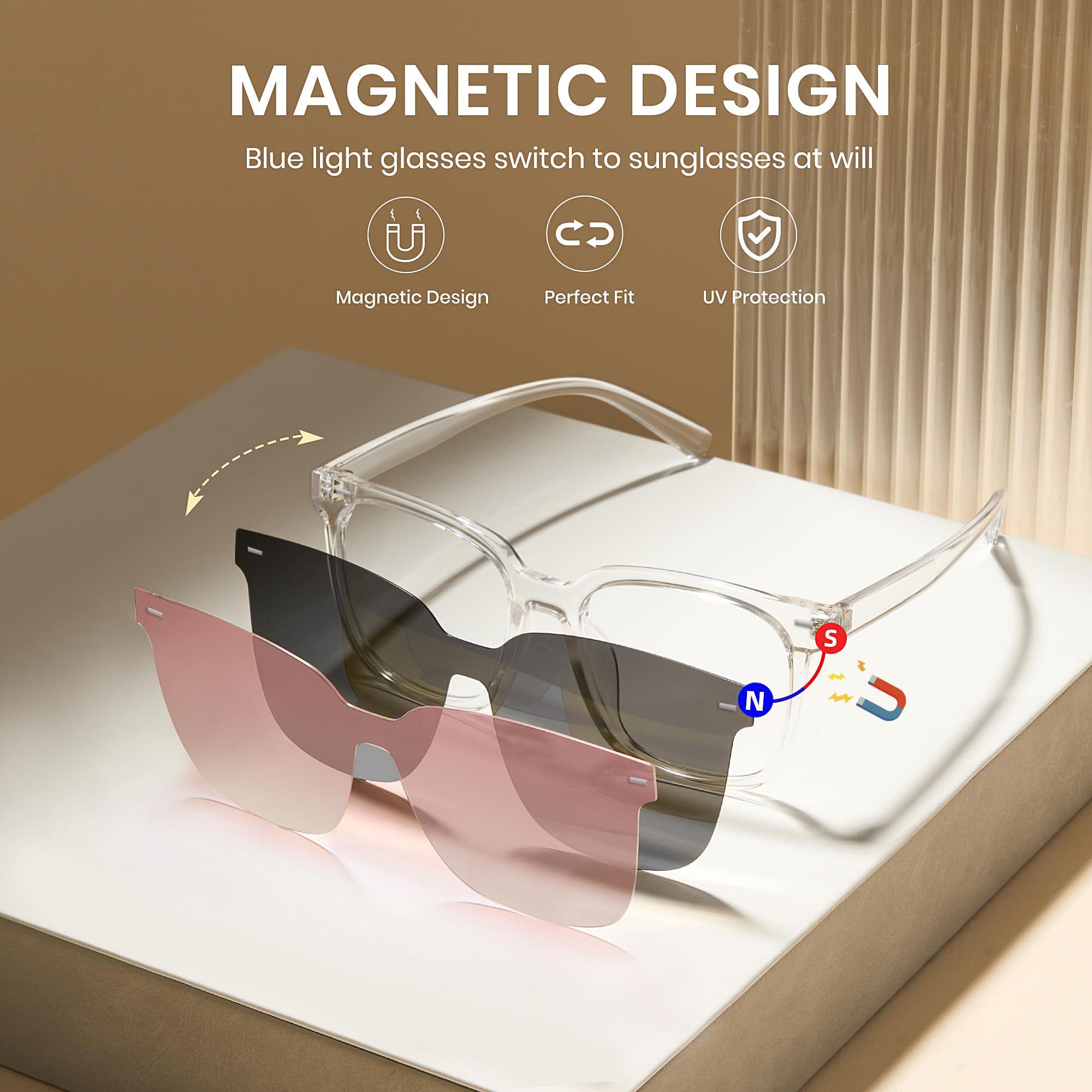 Sunglasses for Travel Use,Blue Light Blocking Glasses with 2 Pack Magnetic Clip on Lens, Fashion Glasses for Women Men, Gaming TV Phone Glasses Eyewear Shiny Black Frames Square Frames Eyeglass