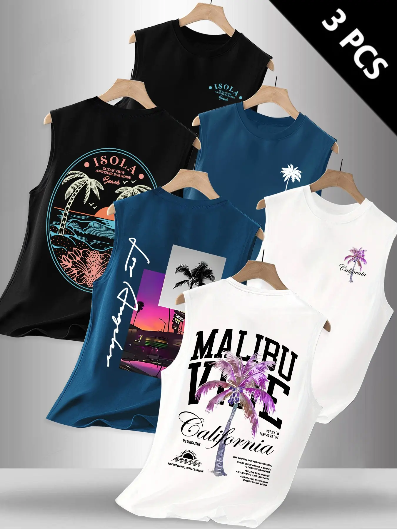 Men's 3-Piece Set, California Palm Tree Beach Print Sleeveless Sports Vest, Sporty Loose-Fit, Breathable Workout Top, Coastal Style