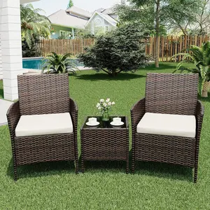OP-3 Pieces Patio Furniture Sets Outdoor PE Rattan Wicker Chairs with Soft Cushion and Glass Coffee Table Garden Furniture Sets for Backyard Porch Poolside