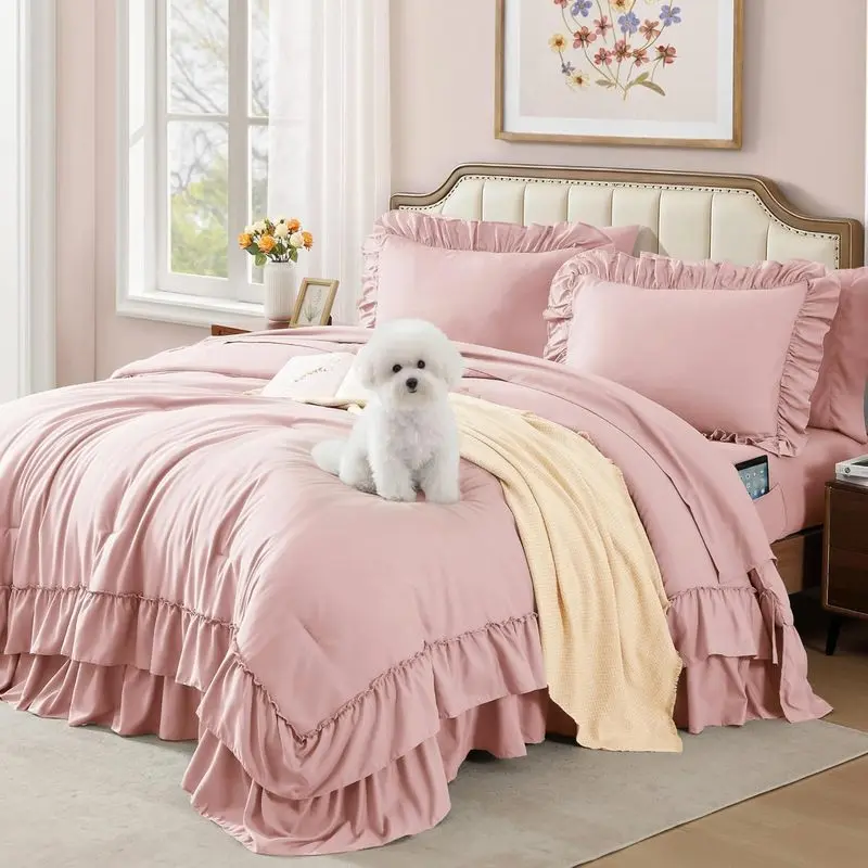 Queen Size Polyester Pink Ruffle Comforter Set, 7-Piece Shabby Chic Farmhouse Rustic Bedding Set, All Seasons Soft Fluffy Bed-in-a-Bag, Cozy Bedroom Decor