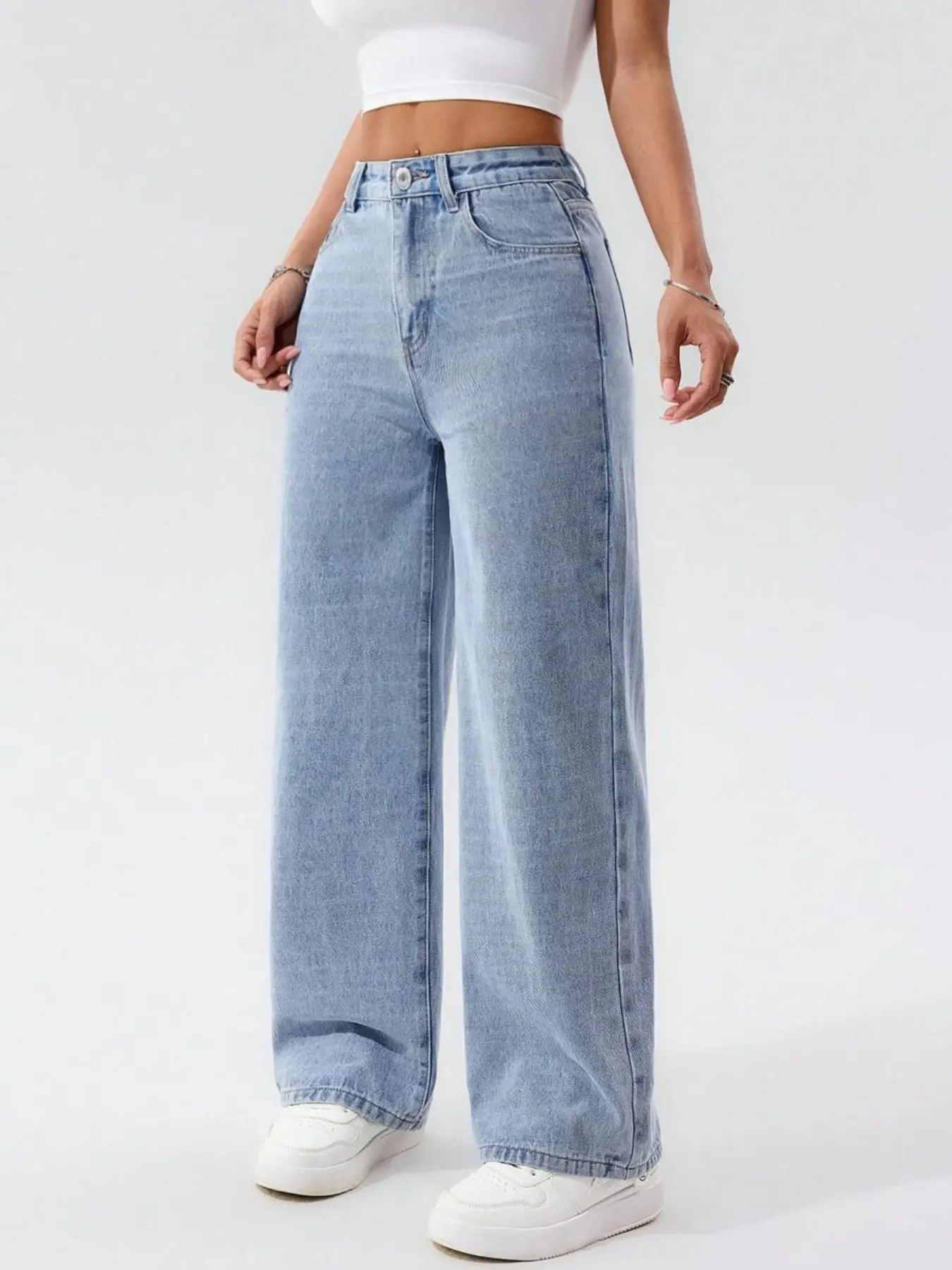 PETITE Solid Color Light Wash Pocket Casual Fashionable Versatile Straight Leg Jeans