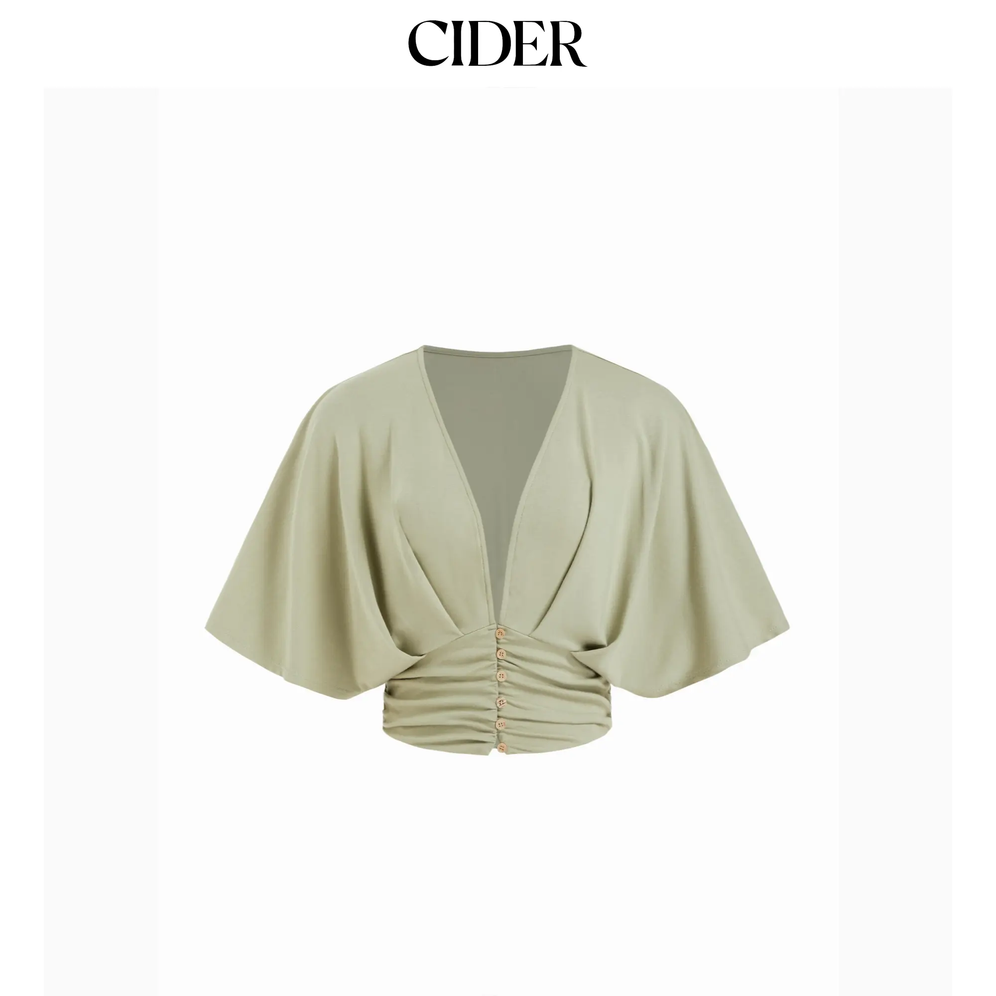 Cider V-neck Batwing Sleeve Ruched Shirred Button Top SummerWins SummerFinds