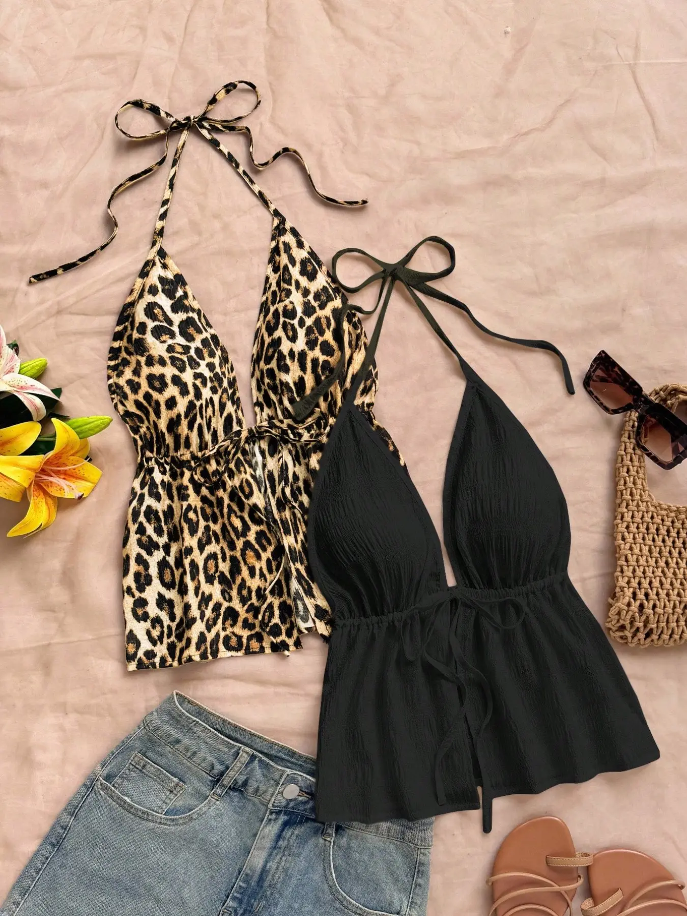 Fashion Chic Sexy Women's Backless Halter Top Set, Leopard Print Adjustable Tie Back Design, Trendy Fitted Spaghetti Strap Cami Tank Tops, Perfect for Summer Vacation, Date, Travel and Commuting, Womenswear