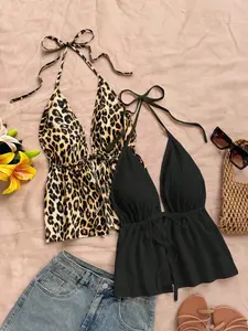 Fashion Chic Sexy Women's Backless Halter Top Set, Leopard Print Adjustable Tie Back Design, Trendy Fitted Spaghetti Strap Cami Tank Tops, Perfect for Summer Vacation, Date, Travel and Commuting, Womenswear