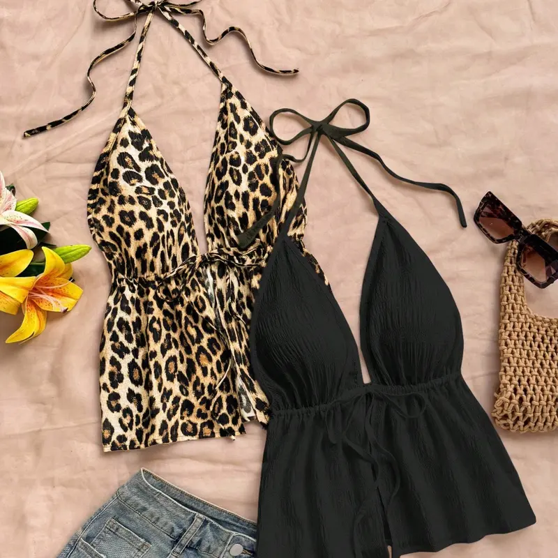 Fashion Chic Sexy Women's Backless Top Set, Leopard Print Adjustable Tie Back Design, Trendy Fitted Spaghetti Strap, Stylish Spaghetti Strap, Perfect for Summer Vacation, Date, Travel and Commuting, Womenswear