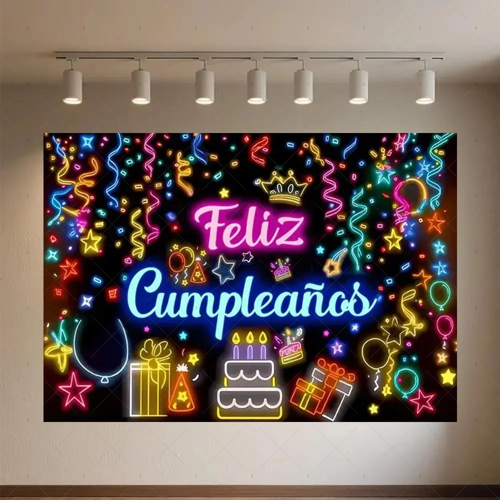 Glitter Happy Birthday Neon Backdrop Party Background Cloth, Glow Carnival Tapestry Wall Hanging Photography Background Premium Polyester Fabric, Dance Party Decor, Celebration Event Setup, Photo Booth Prop, Studio Background, Festival Decoration