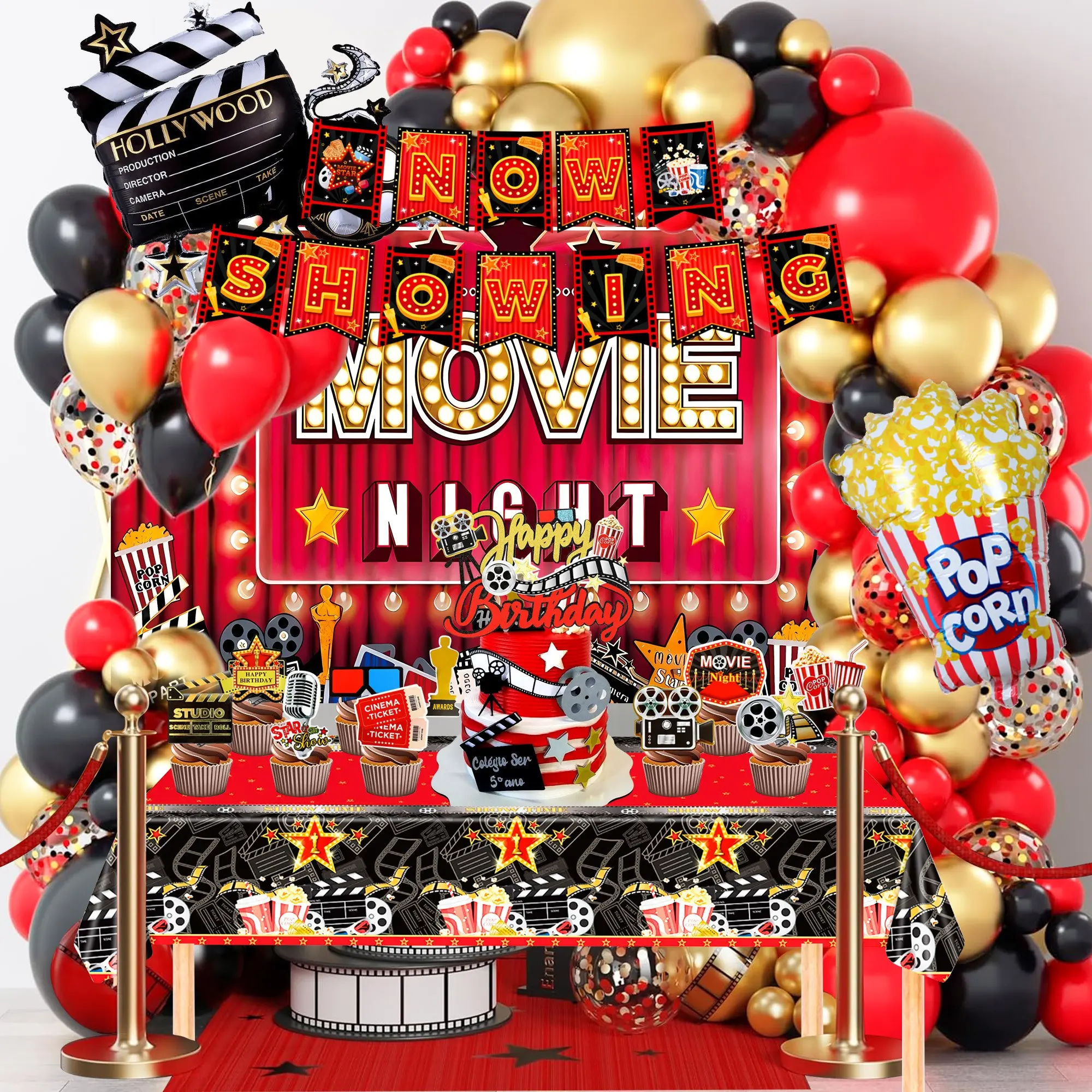 Movie Night Party Decorations, 84 Pieces Movie Night Party Supplies, Balloon Backdrop Tablecloth, Happy Birthday Banner, All Seasons