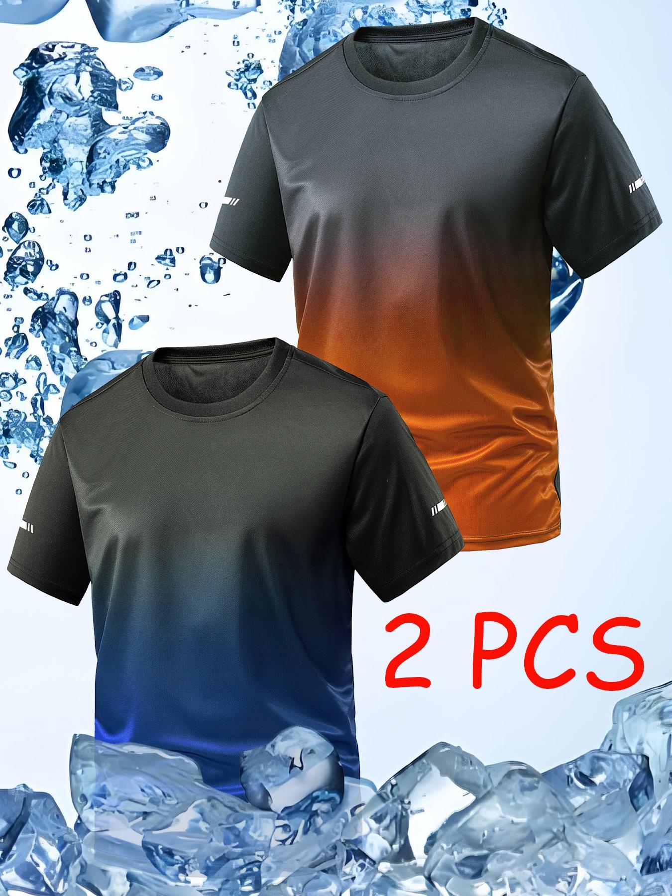 Men's Ombre Print Round Neck Tee, Regular Fit Sporty Quick Drying Breathable Short Sleeve T-shirt, Activewear T Shirt, Gym Tees for Gym Workout Running, Men's Top for All Seasons