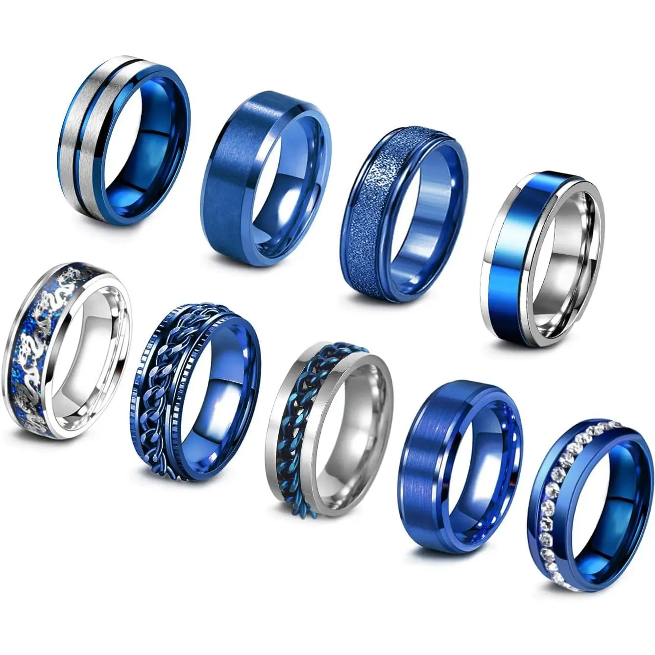 9Pcs Stainless Steel Band Rings for Men Women Cool Fidget Spinning Chain Ring Anxiety Relief Fashion Simple Wedding Engagement Black Ring Setfidget toys