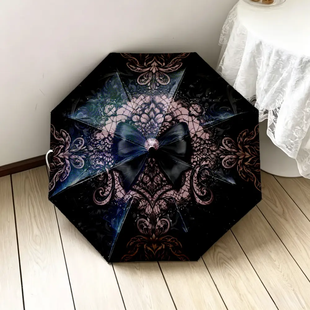 1PC Gothic Style 2D Flat Print Folding Umbrella, optional with internal print or external print, featuring dark baroque lace bow pattern, suitable for daily commuting, travel, outdoor activities, available as holiday gift option
