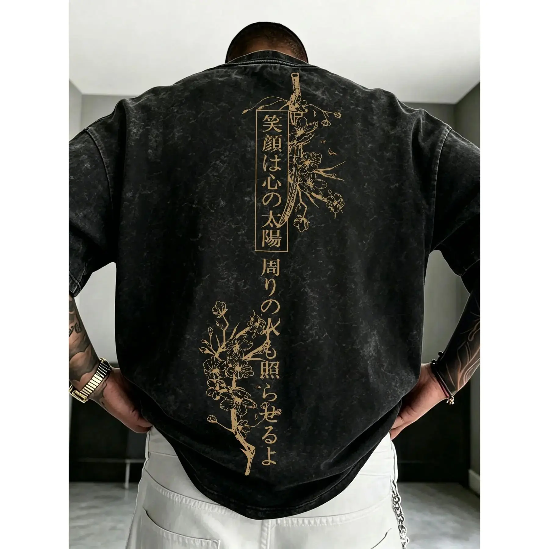 Men's Vintage Washed T-Shirt, Cherry Blossom Samurai Print, Loose Fit Oversize Short Sleeve, Streetwear Daily Wear, Multiple Scenes, Casual Summer Clothing, Casual Graphic Tee classic wash cotton