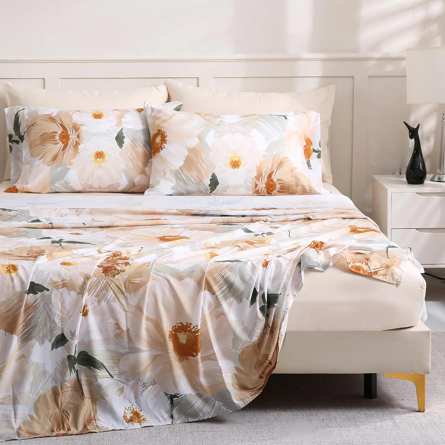 Flower King Size 6 Pcs Sheet Set, Breathable Microfiber Deep Biege Fitted Sheets, Comfy & Breathable Patterned Flat Sheets,4 Gentle Soft Pillowcases, Golden Flower